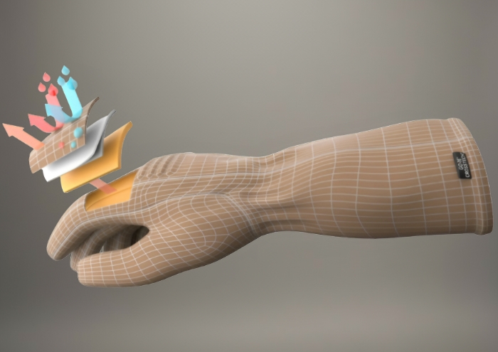 Guante técnico con diseño digital y capas representadas para protección y transpirabilidad