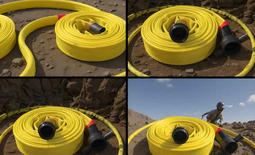 Yellow industrial hose with black couplings and red details, coiled on the ground
