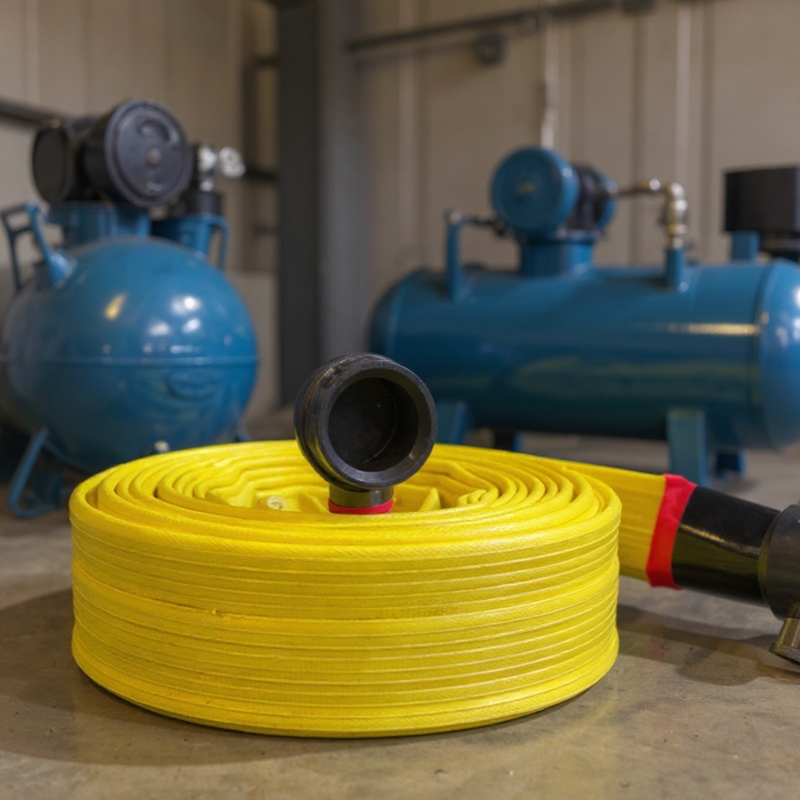 Yellow fire hose coil with black Storz coupling