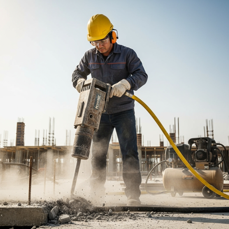 Worker wearing a helmet and protective gear using a hydraulic hammer with a yellow hose on a construction site