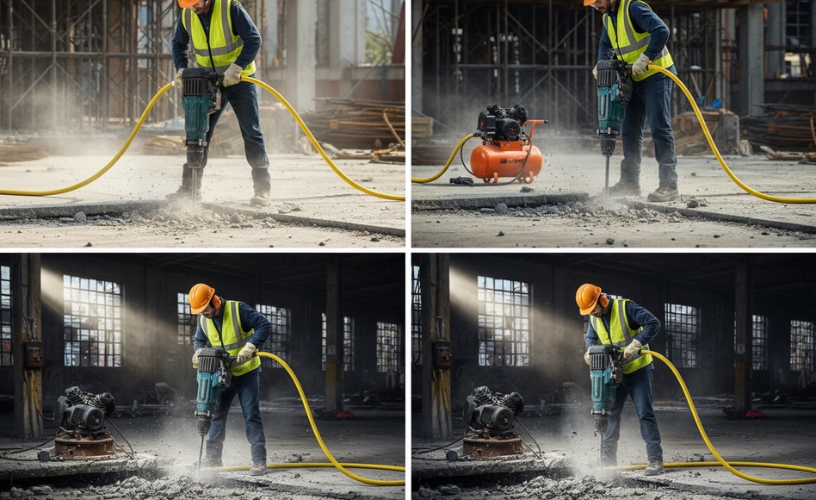 Worker wearing a helmet and vest using a pneumatic hammer connected to a yellow hose on a construction site