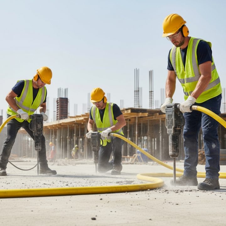 Three workers with pneumatic hammers connected to yellow hoses at a construction site