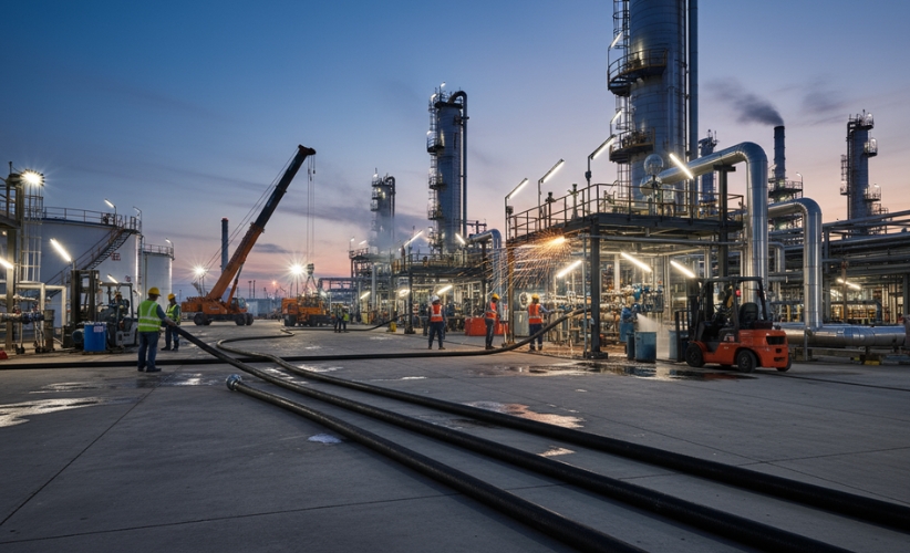 Black industrial hoses deployed at a chemical plant with operators and machinery at dusk